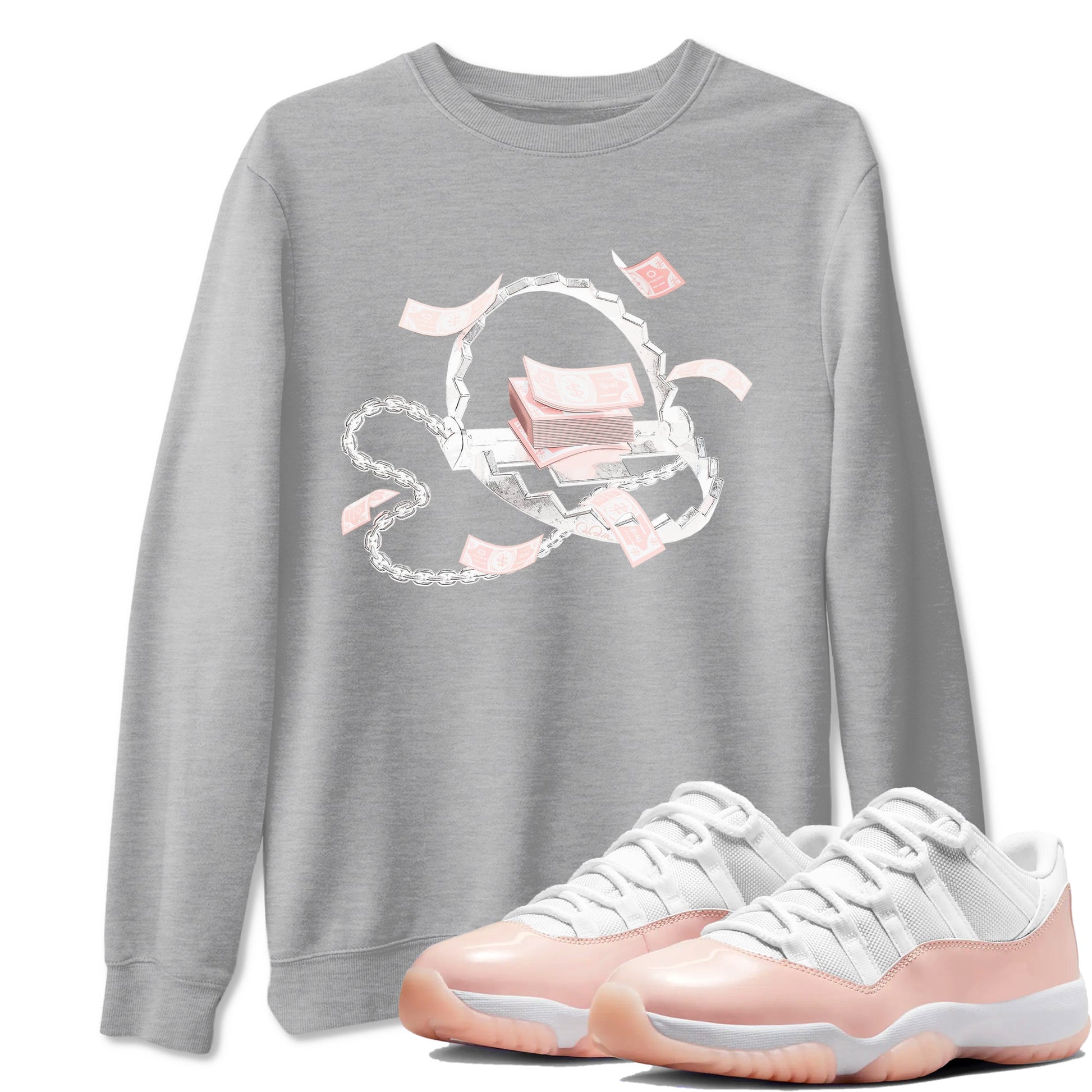 11s Legend Pink shirts to match jordans Trap Money sneaker match tees Air Jordan 11 Legend Pink SNRT Sneaker Tees streetwear brand Heather Grey 1 unisex cotton tee