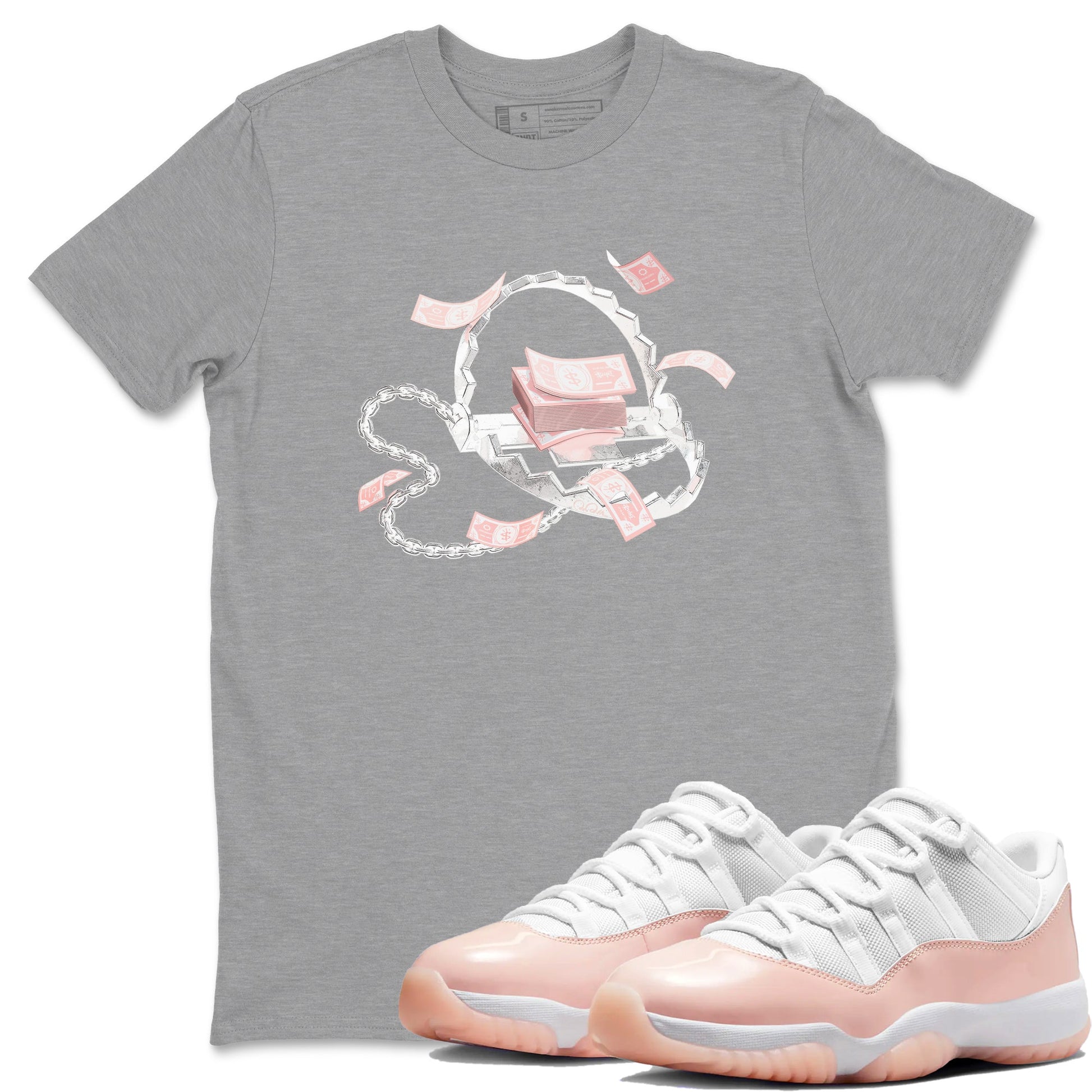 11s Legend Pink shirts to match jordans Trap Money sneaker match tees Air Jordan 11 Legend Pink SNRT Sneaker Tees streetwear brand Heather Grey 1 unisex cotton tee