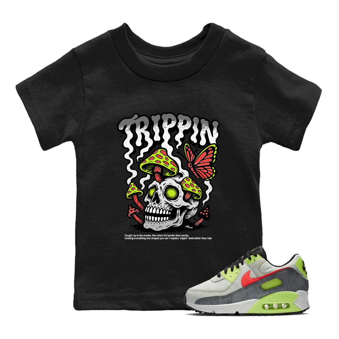 Sneaker Threads – Sneaker Tees To Match Air Max 90 Spruce Aura and Ghost Green – Trippin Youth Graphic Tee Black 1. Perfect for Jordan releases 2025 colorways.