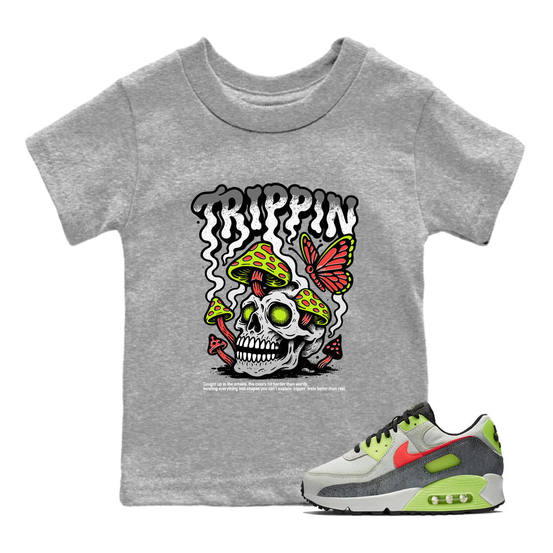Sneaker Threads – Sneaker Tees To Match Air Max 90 Spruce Aura and Ghost Green – Trippin Youth Graphic Tee Heather Grey 1. Perfect for Jordan releases 2025 colorways.