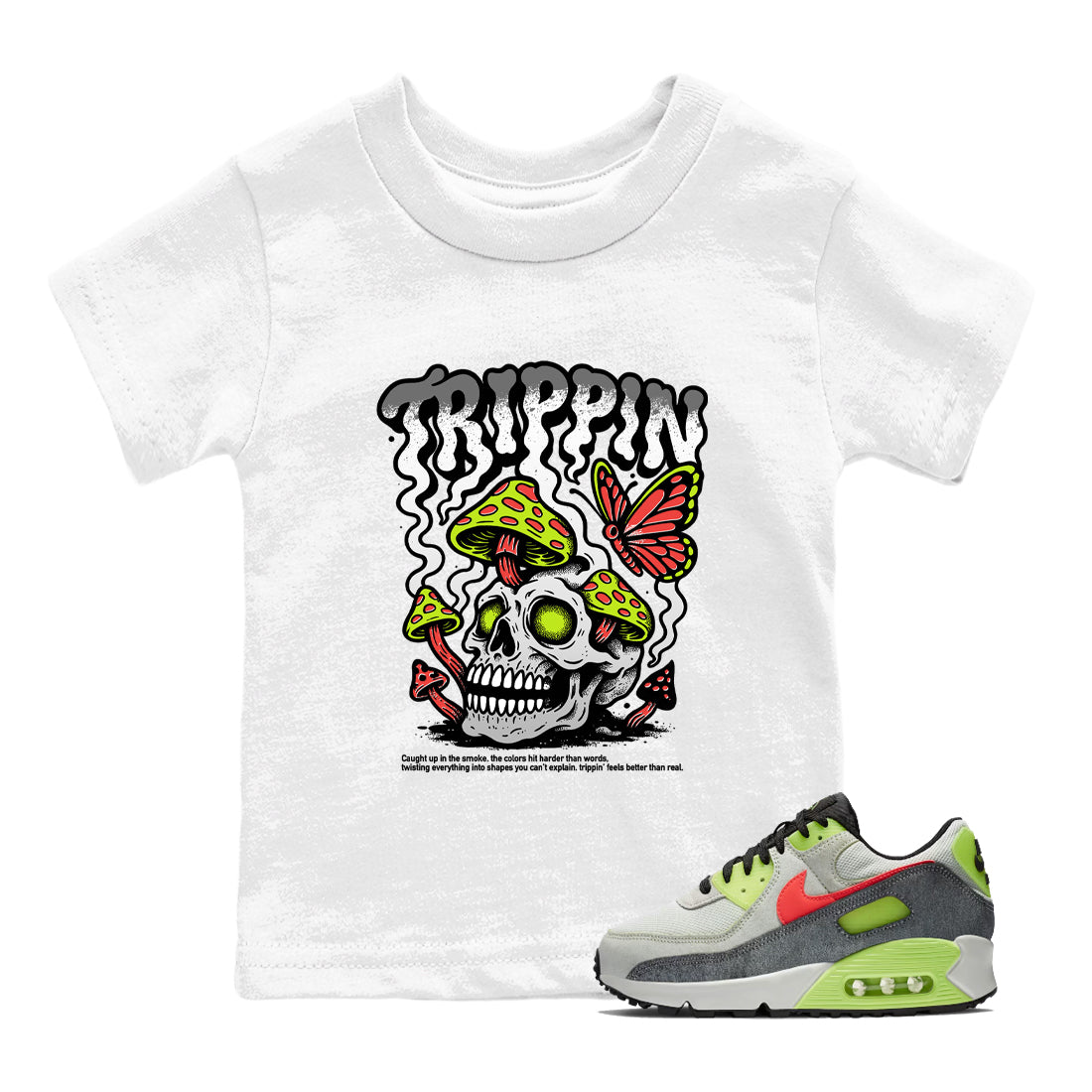Sneaker Threads – Sneaker Tees To Match Air Max 90 Spruce Aura and Ghost Green – Trippin Youth Graphic Tee White 1. Perfect for Jordan releases 2025 colorways.