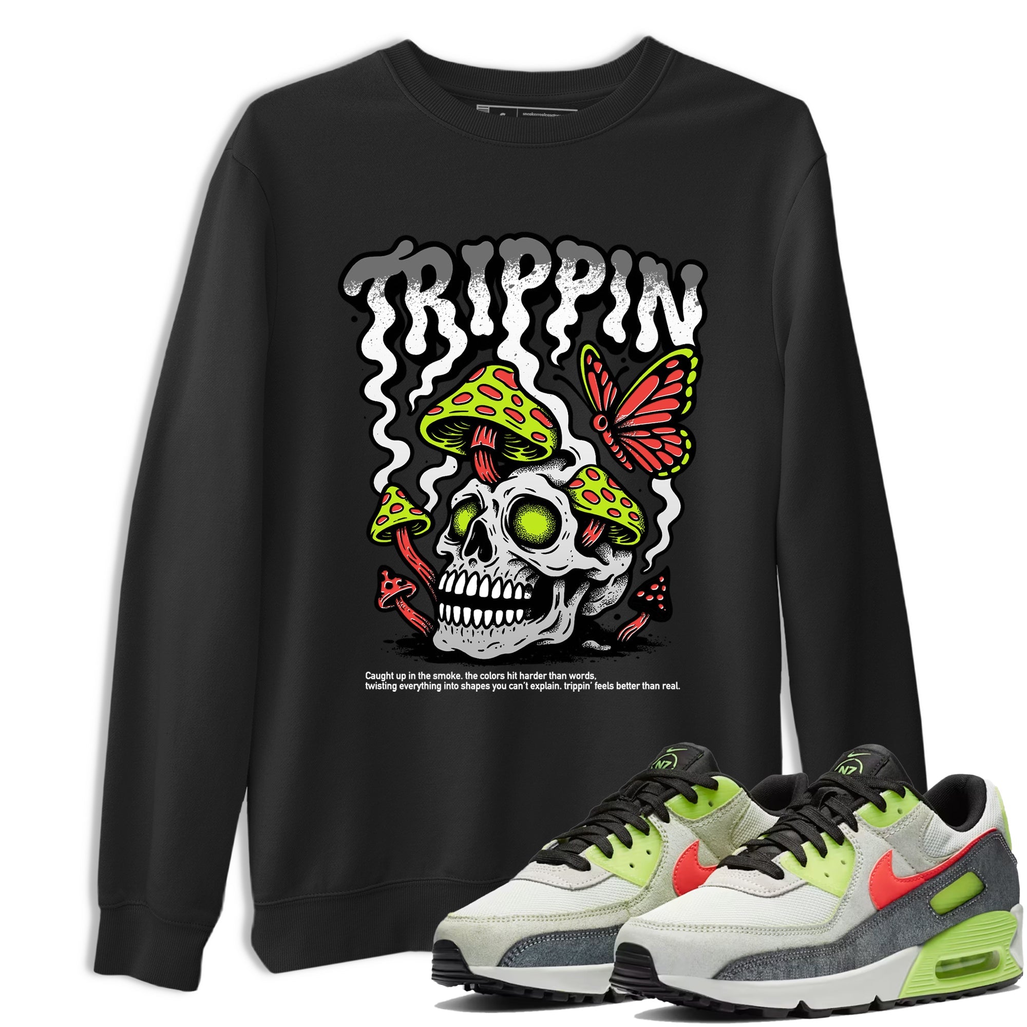 Sneaker Threads – Sneaker Tees To Match Air Max 90 Spruce Aura and Ghost Green – Trippin Graphic Tee Black 1. Perfect for Jordan releases 2025 colorways.