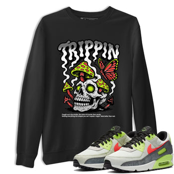 Sneaker Threads – Sneaker Tees To Match Air Max 90 Spruce Aura and Ghost Green – Trippin Graphic Tee Black 1. Perfect for Jordan releases 2025 colorways.