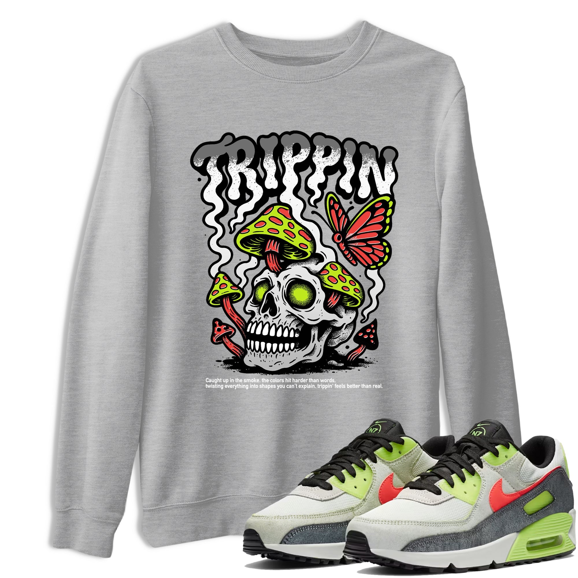 Sneaker Threads – Sneaker Tees To Match Air Max 90 Spruce Aura and Ghost Green – Trippin Graphic Tee Heather Grey 1. Perfect for Jordan releases 2025 colorways.