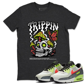 Sneaker Threads – Sneaker Tees To Match Air Max 90 Spruce Aura and Ghost Green – Trippin Graphic Tee Charcoal Heather 1. Perfect for Jordan releases 2025 colorways.