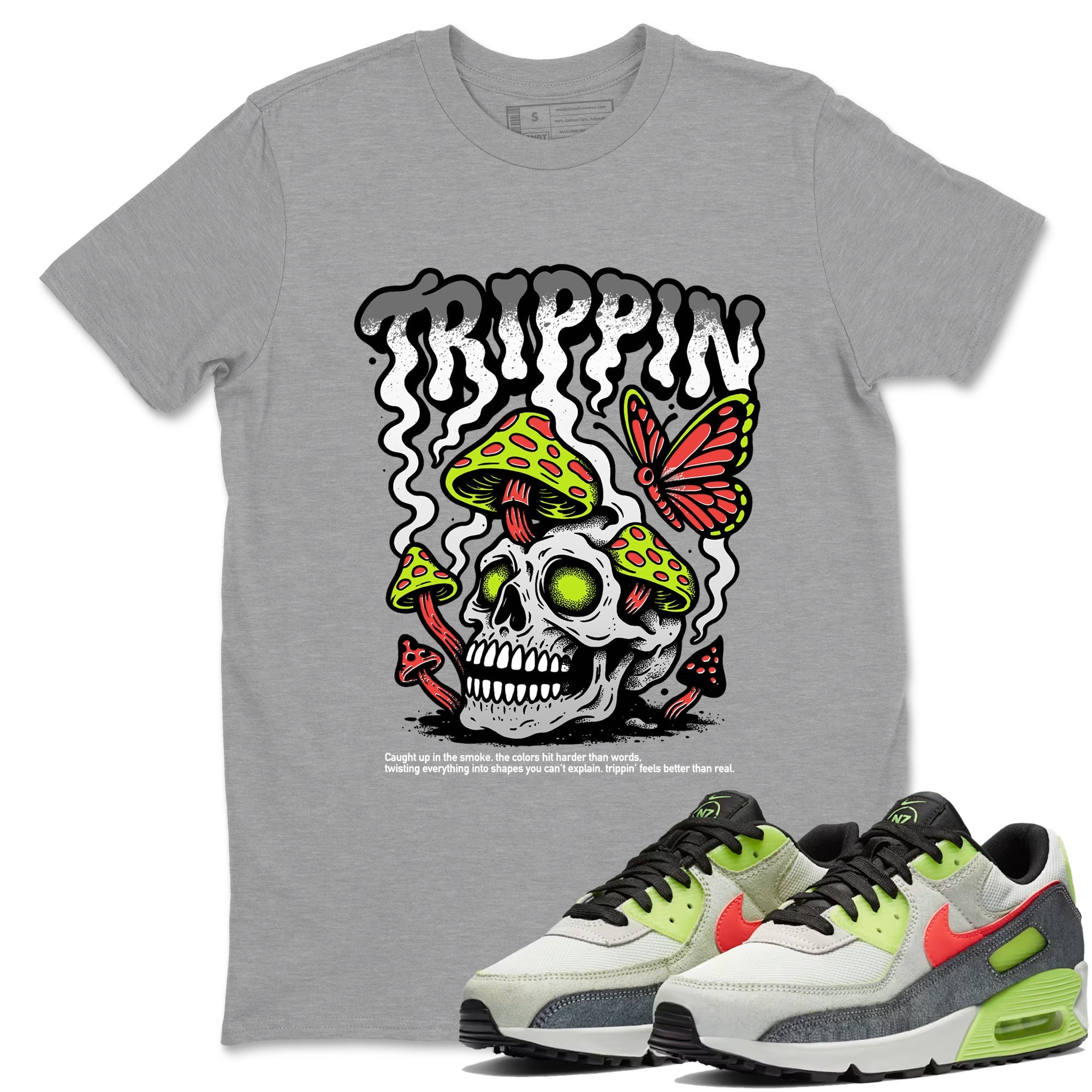 Sneaker Threads – Sneaker Tees To Match Air Max 90 Spruce Aura and Ghost Green – Trippin Graphic Tee Heather Grey 1. Perfect for Jordan releases 2025 colorways.