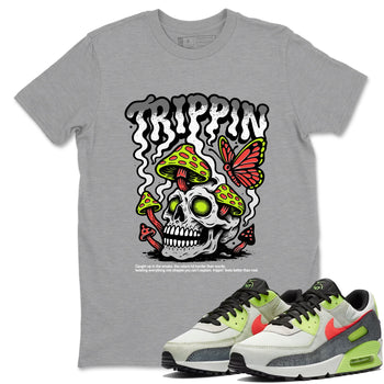 Sneaker Threads – Sneaker Tees To Match Air Max 90 Spruce Aura and Ghost Green – Trippin Graphic Tee Heather Grey 1. Perfect for Jordan releases 2025 colorways.