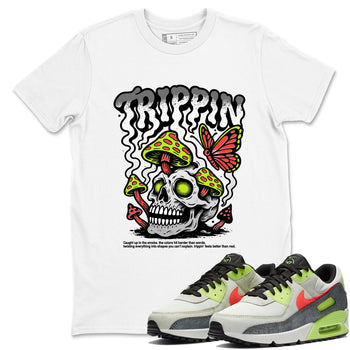 Sneaker Threads – Sneaker Tees To Match Air Max 90 Spruce Aura and Ghost Green – Trippin Graphic Tee White 1. Perfect for Jordan releases 2025 colorways.