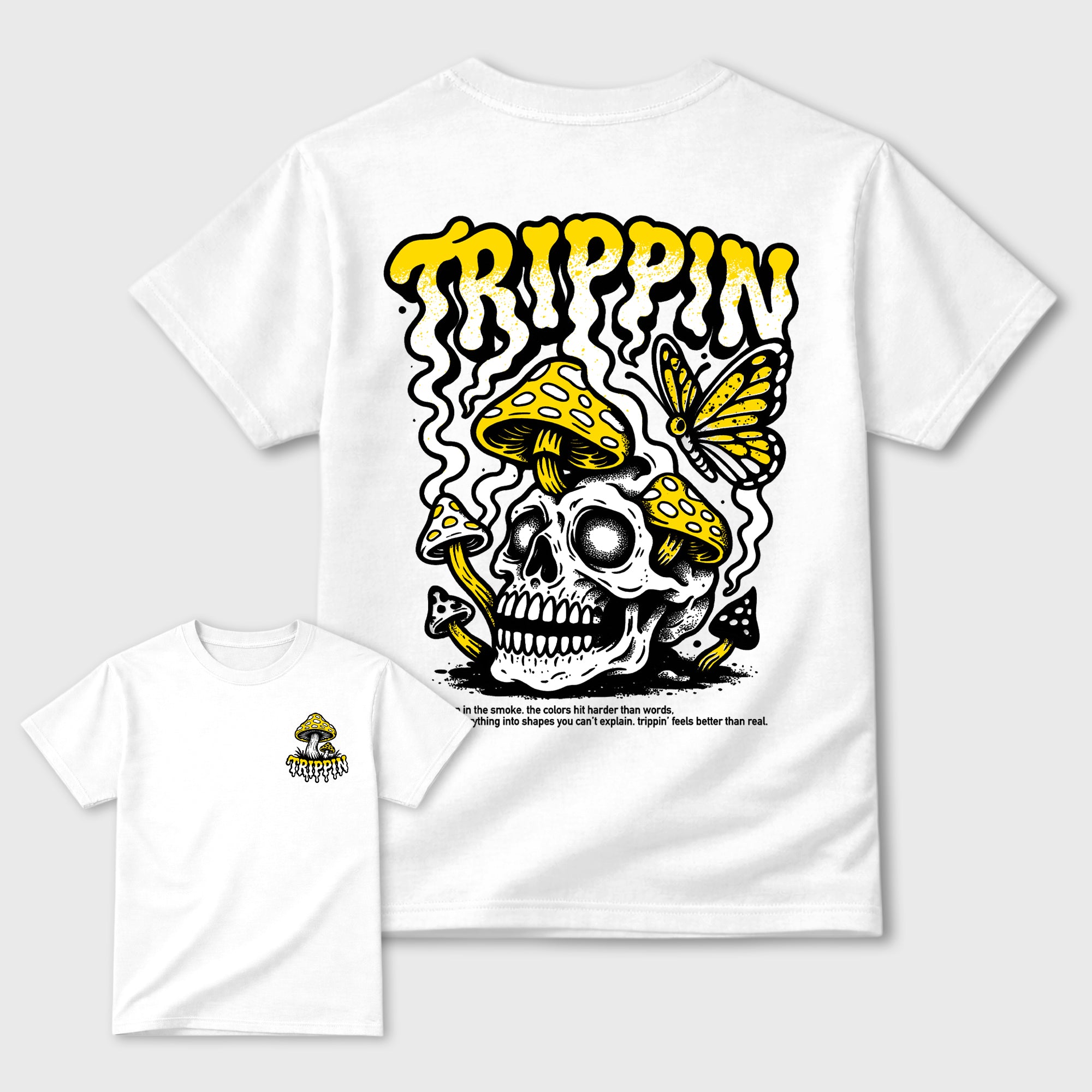 Trippin Graphic T-Shirt featuring original streetwear artwork designed to match the AJ6 Tour Yellow. White Graphic T-Shirt.