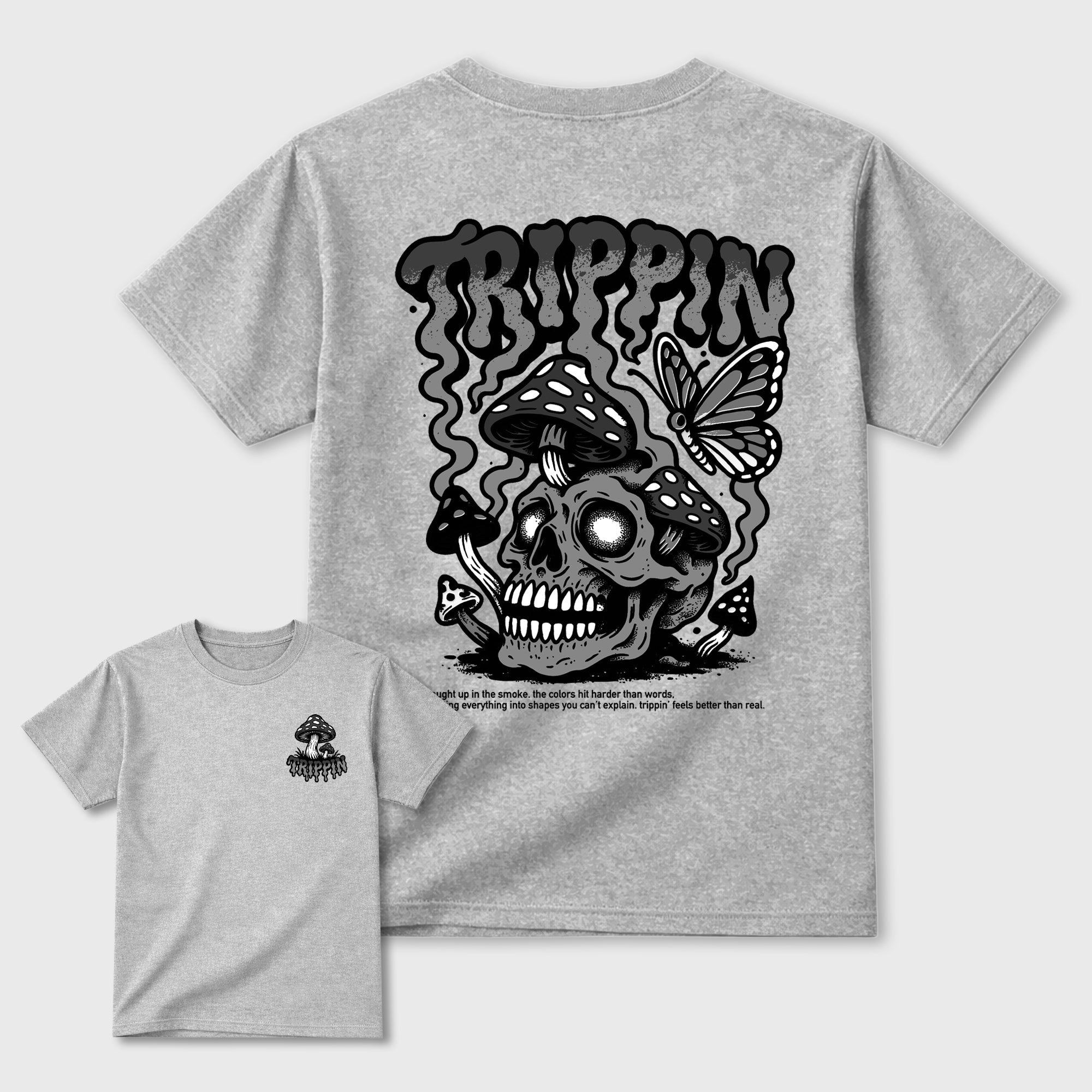 Trippin Graphic T-Shirt featuring original streetwear artwork designed to match the AJ8 Chrome. Heather Grey Graphic T-Shirt.