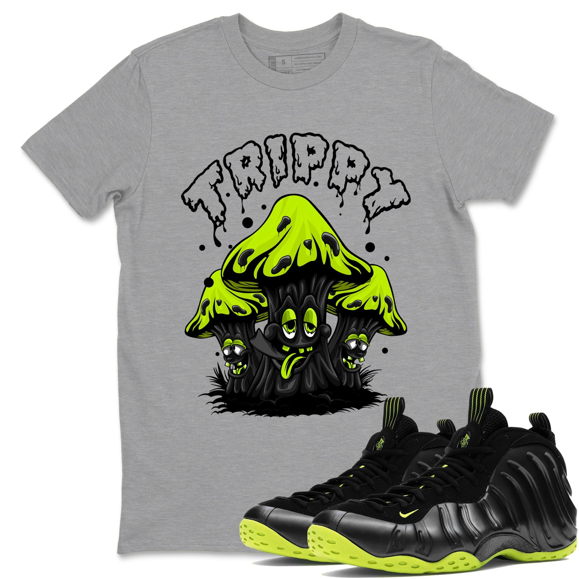 Foams One Black Volt shirts to match jordans Trippy sneaker match tees Air Foamposite One Black and Volt match shoes to clothes SNRT Sneaker Tees unisex cotton Heather Grey 1 shirts