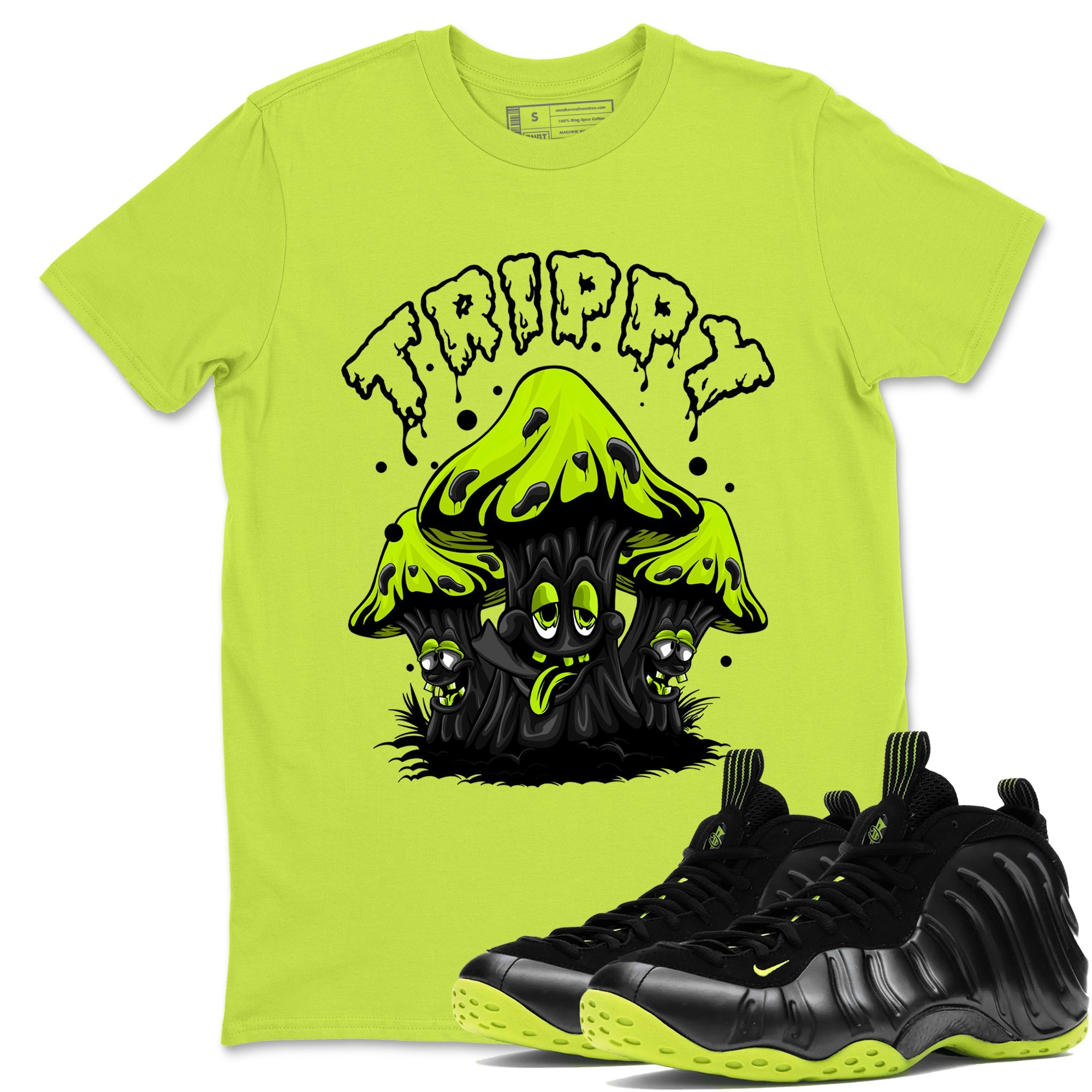 Foams One Black Volt shirts to match jordans Trippy sneaker match tees Air Foamposite One Black and Volt match shoes to clothes SNRT Sneaker Tees unisex cotton Safety Green 1 shirts