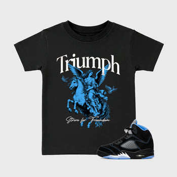 Triumph affordable baby and kids t-shirt designed to match the Air Jordan 5 Black Carolina, featuring coordinated Black 1 options for the perfect little sneakerhead streetwear look.