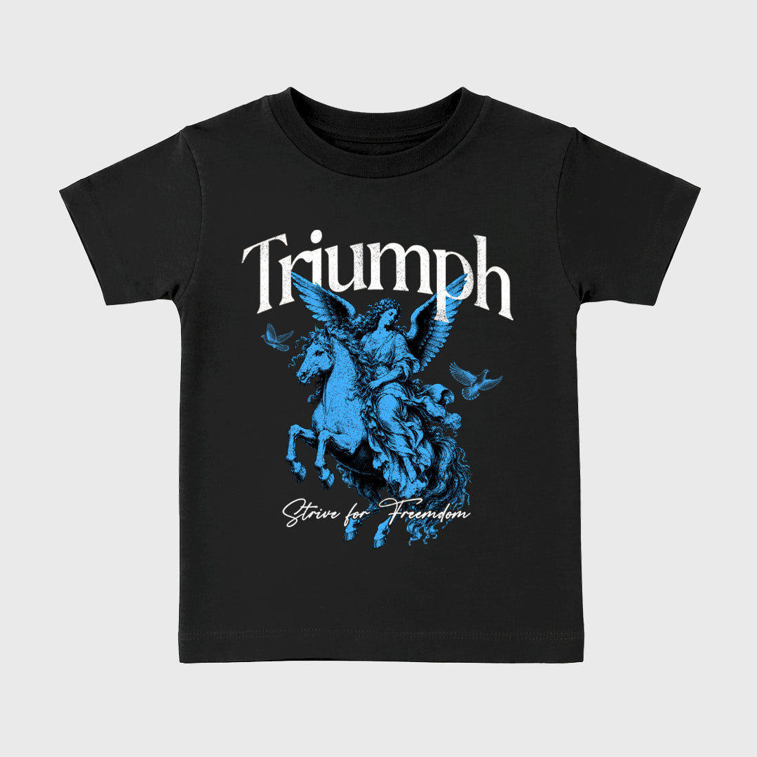 Triumph affordable baby and kids t-shirt designed to match the Air Jordan 5 Black Carolina, featuring coordinated Black 2 options for the perfect little sneakerhead streetwear look.