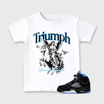Triumph affordable baby and kids t-shirt designed to match the Air Jordan 5 Black Carolina, featuring coordinated White 1 options for the perfect little sneakerhead streetwear look.