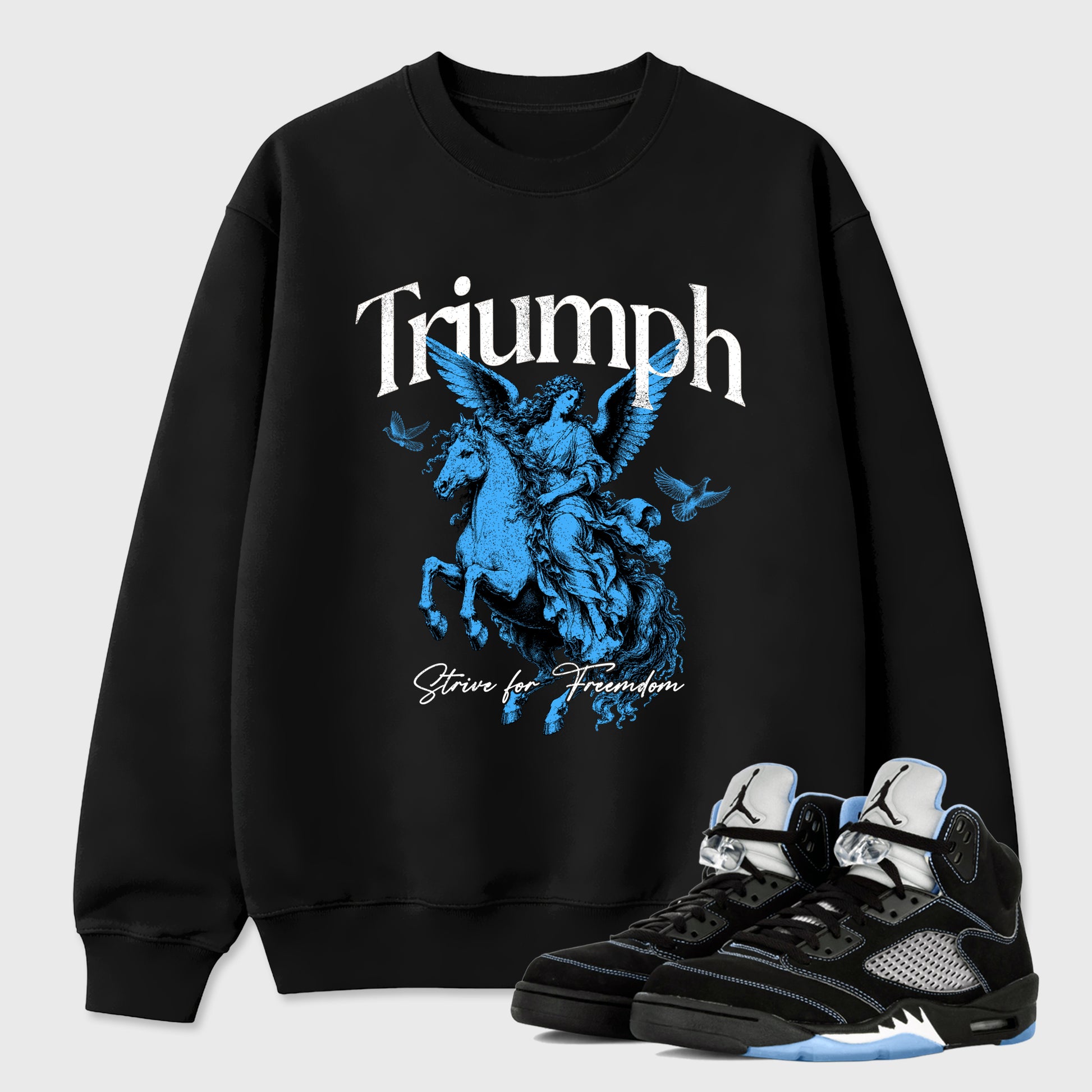 Triumph Graphic T-Shirt sneaker match tee designed for the Air Jordan 5 Black Carolina, featuring coordinated color options for a perfect streetwear match. Black 1 shirt.