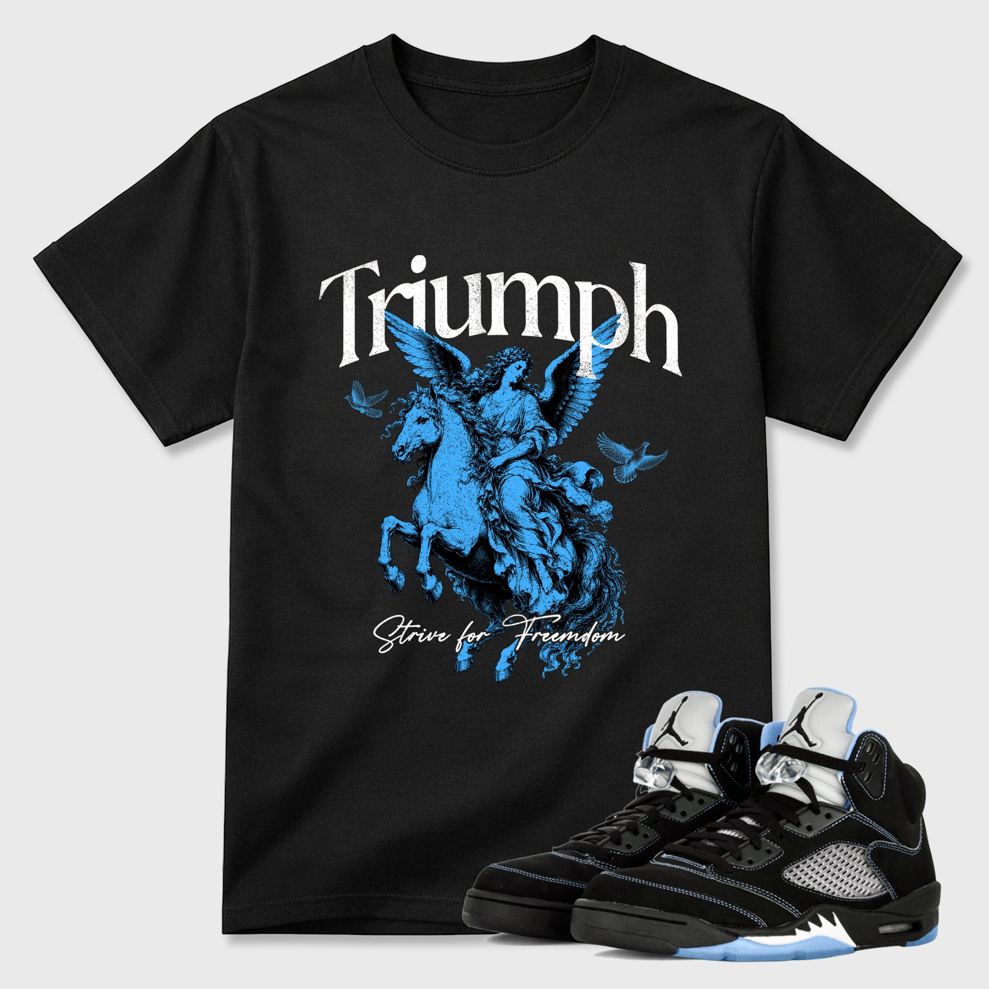 Triumph Graphic T-Shirt sneaker match tee designed for the Air Jordan 5 Black Carolina, featuring coordinated color options for a perfect streetwear match. Black 1 shirt.
