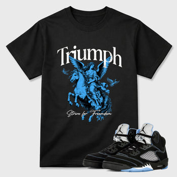 Triumph Graphic T-Shirt sneaker match tee designed for the Air Jordan 5 Black Carolina, featuring coordinated color options for a perfect streetwear match. Black 1 shirt.