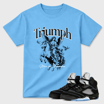 Triumph Graphic T-Shirt sneaker match tee designed for the Air Jordan 5 Black Carolina, featuring coordinated color options for a perfect streetwear match. Carolina Blue 1 shirt.