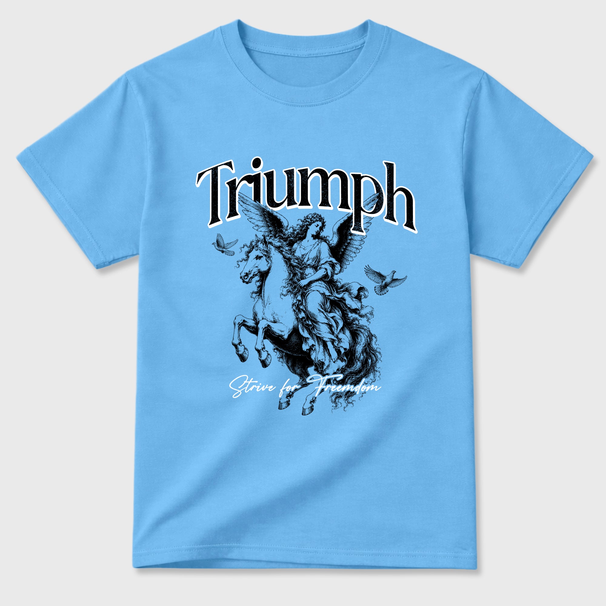 Triumph Graphic T-Shirt sneaker match tee designed for the Air Jordan 5 Black Carolina, featuring coordinated color options for a perfect streetwear match. Carolina Blue 2 shirt.