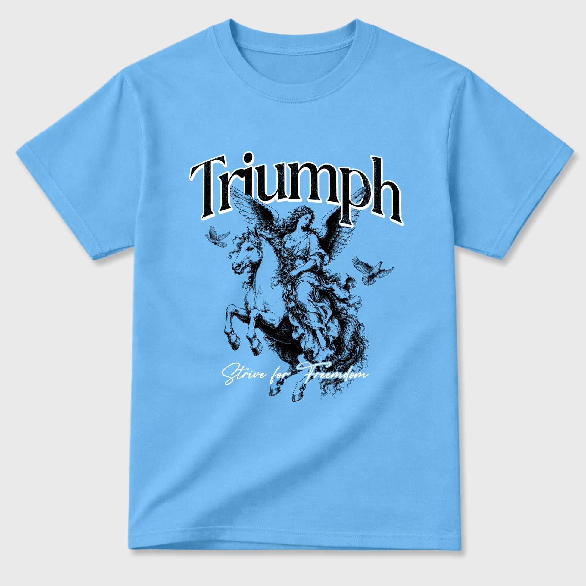 Triumph Graphic T-Shirt sneaker match tee designed for the Air Jordan 5 Black Carolina, featuring coordinated color options for a perfect streetwear match. Carolina Blue 2 shirt.