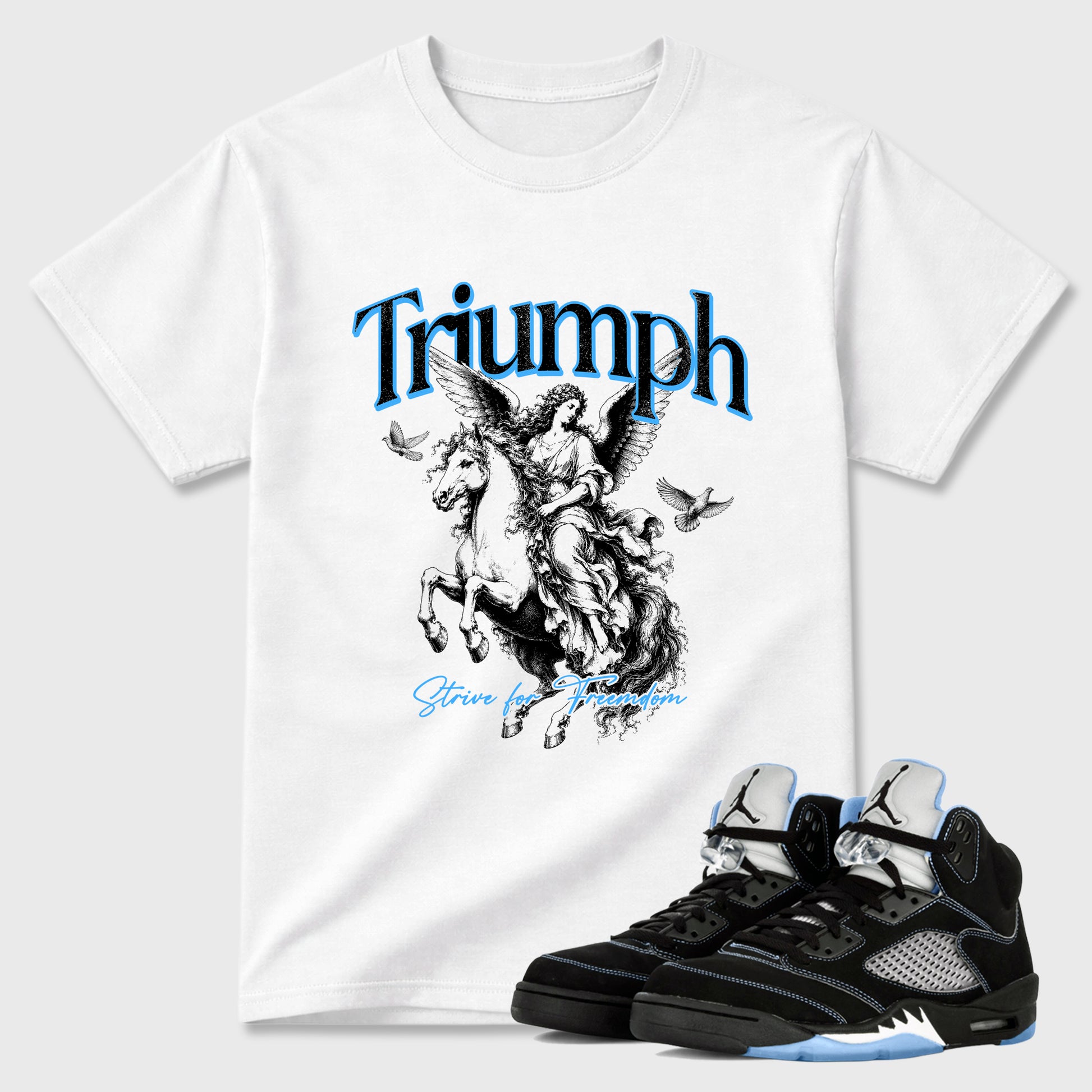 Triumph Graphic T-Shirt sneaker match tee designed for the Air Jordan 5 Black Carolina, featuring coordinated color options for a perfect streetwear match. White 1 shirt.