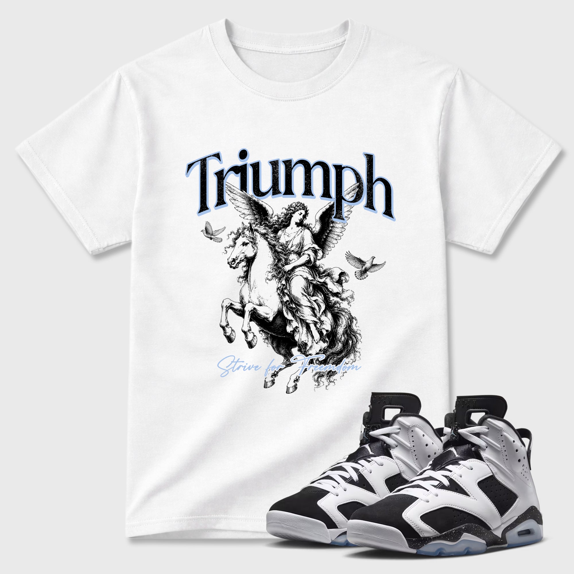 Triumph Graphic T-Shirt featuring original streetwear artwork designed to match the Air Jordan 6 Black and White. White 1 Graphic T-Shirt.