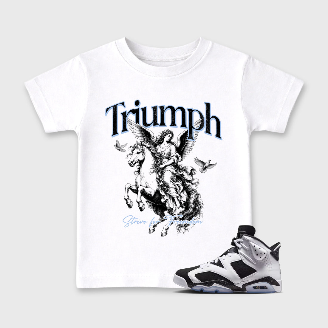 Triumph Baby & Kids Graphic T-Shirt featuring original artwork designed to match the Air Jordan 6 Black and White. White 1 Kids Graphic Tee.