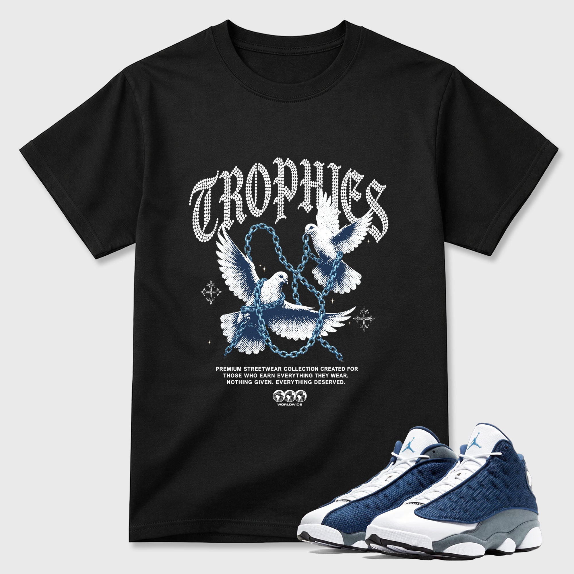 Trophies Graphic T-Shirt featuring original streetwear artwork designed to match the Air Jordan 13 Flint. Black 1 Graphic T-Shirt.