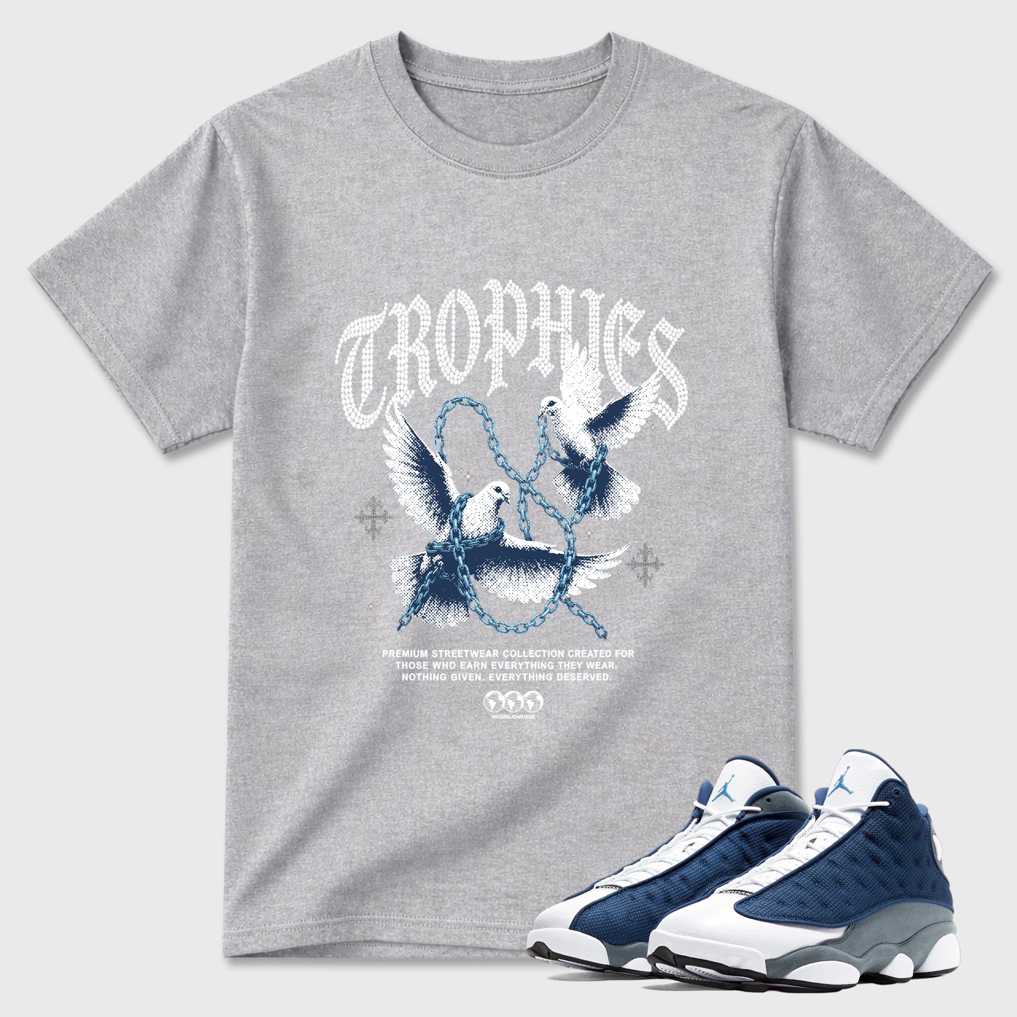 Trophies Graphic T-Shirt featuring original streetwear artwork designed to match the Air Jordan 13 Flint. Heather Grey 1 Graphic T-Shirt.