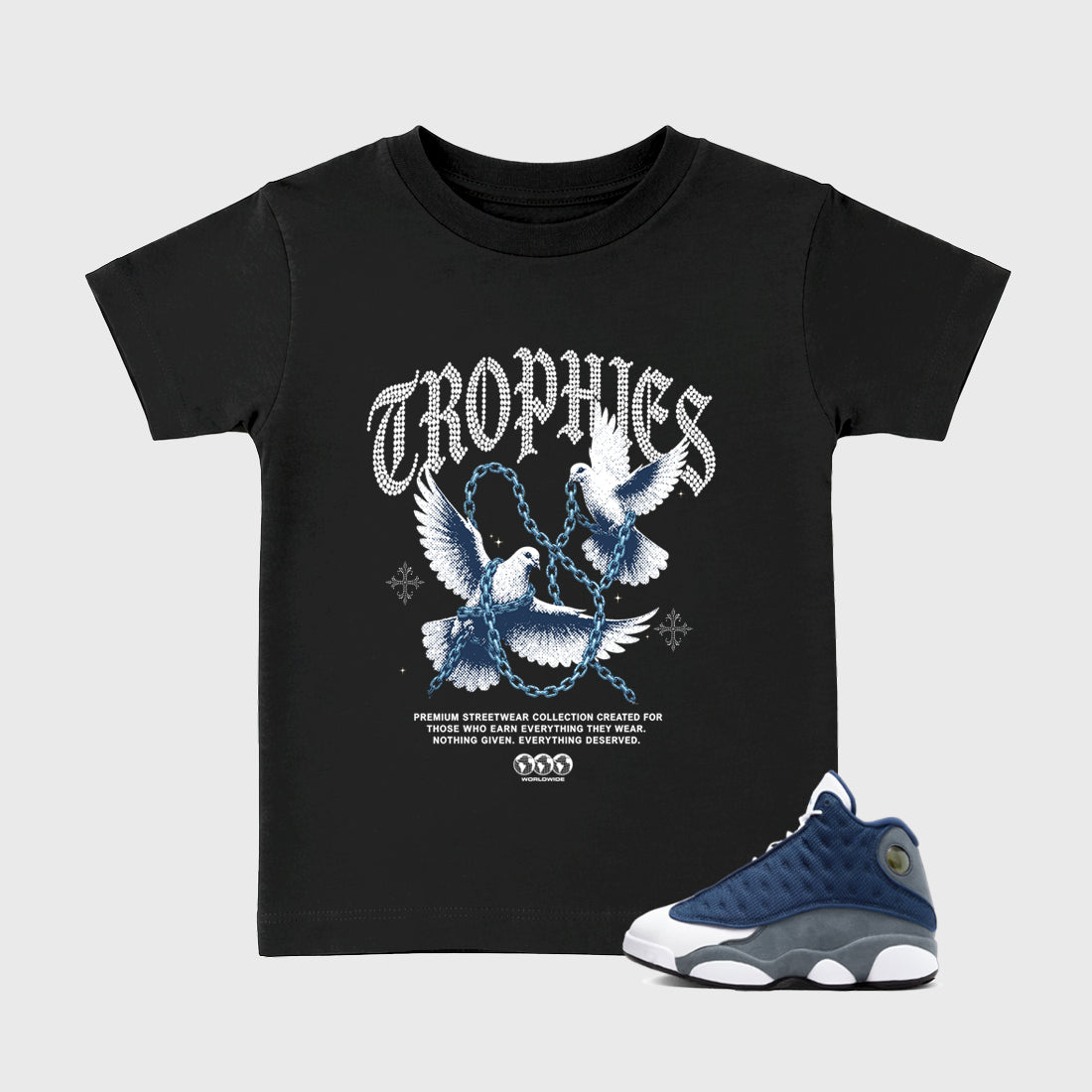 Trophies Baby & Kids Graphic T-Shirt featuring original artwork designed to match the Air Jordan 13 Flint. Black 1 Kids Graphic Tee.