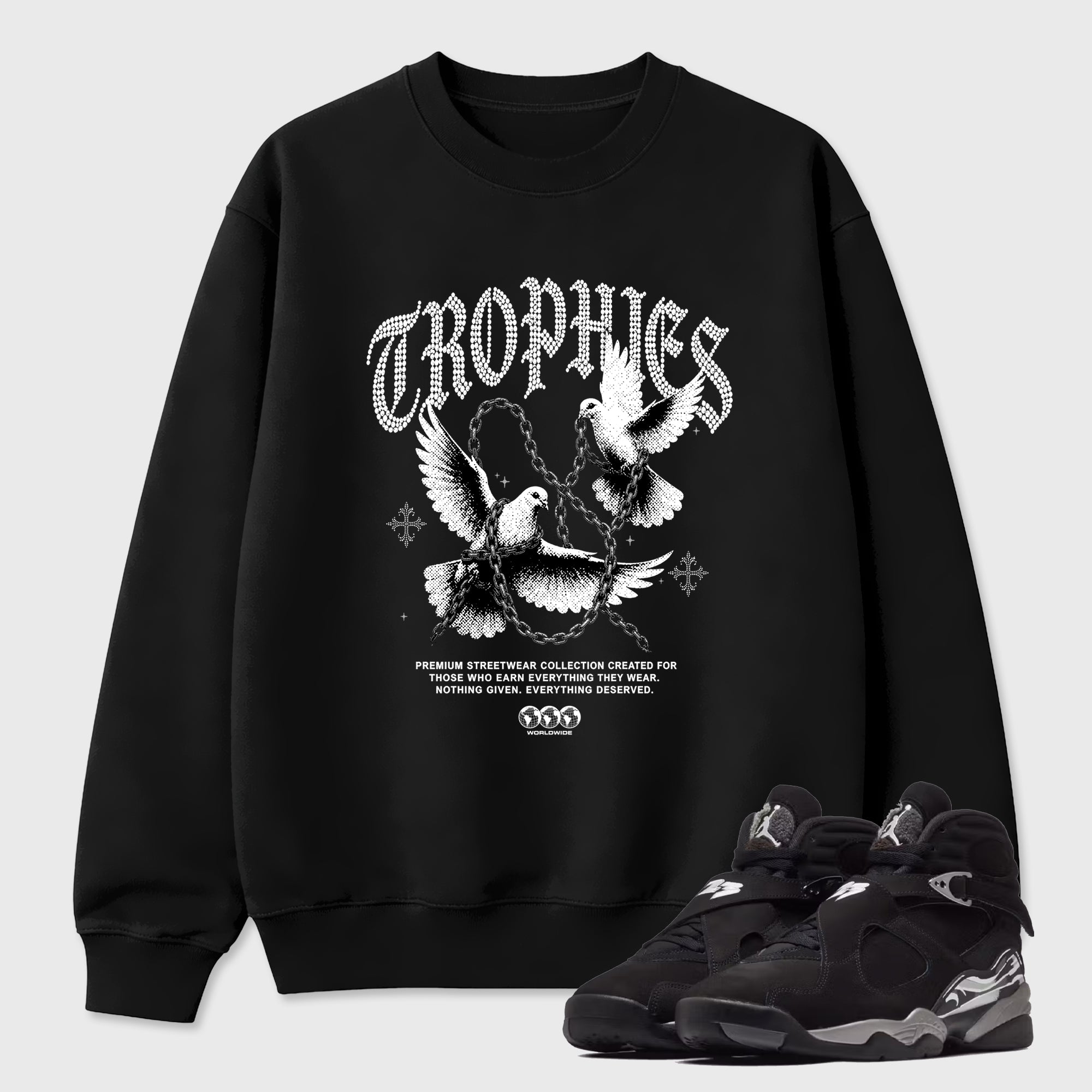 Trophies Graphic T-Shirt featuring original streetwear artwork designed to match the Air Jordan 8 Chrome. Black 1 Graphic Tee.