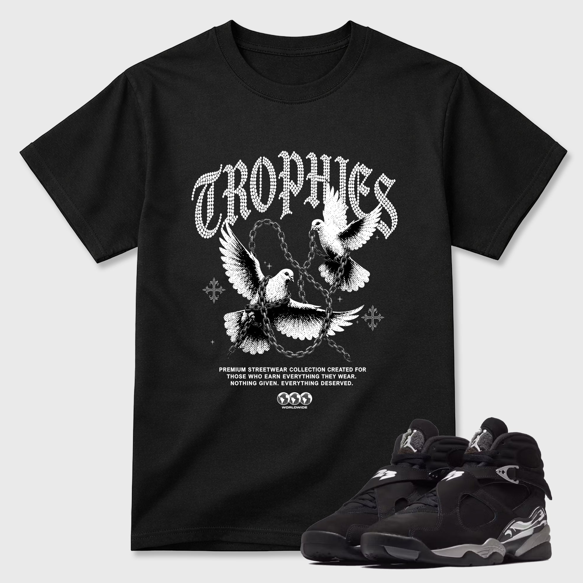 Trophies Graphic T-Shirt featuring original streetwear artwork designed to match the Air Jordan 8 Chrome. Black 1 Graphic T-Shirt.