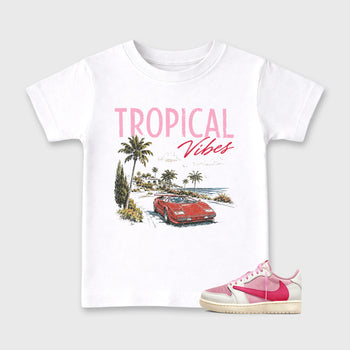 Sneakerfit Streetwear outfit, Sneaker Tees To Match Air Jordan 1 Travis Scott Tropical Pink – Tropical Vibes Graphic Kids Tee White 1