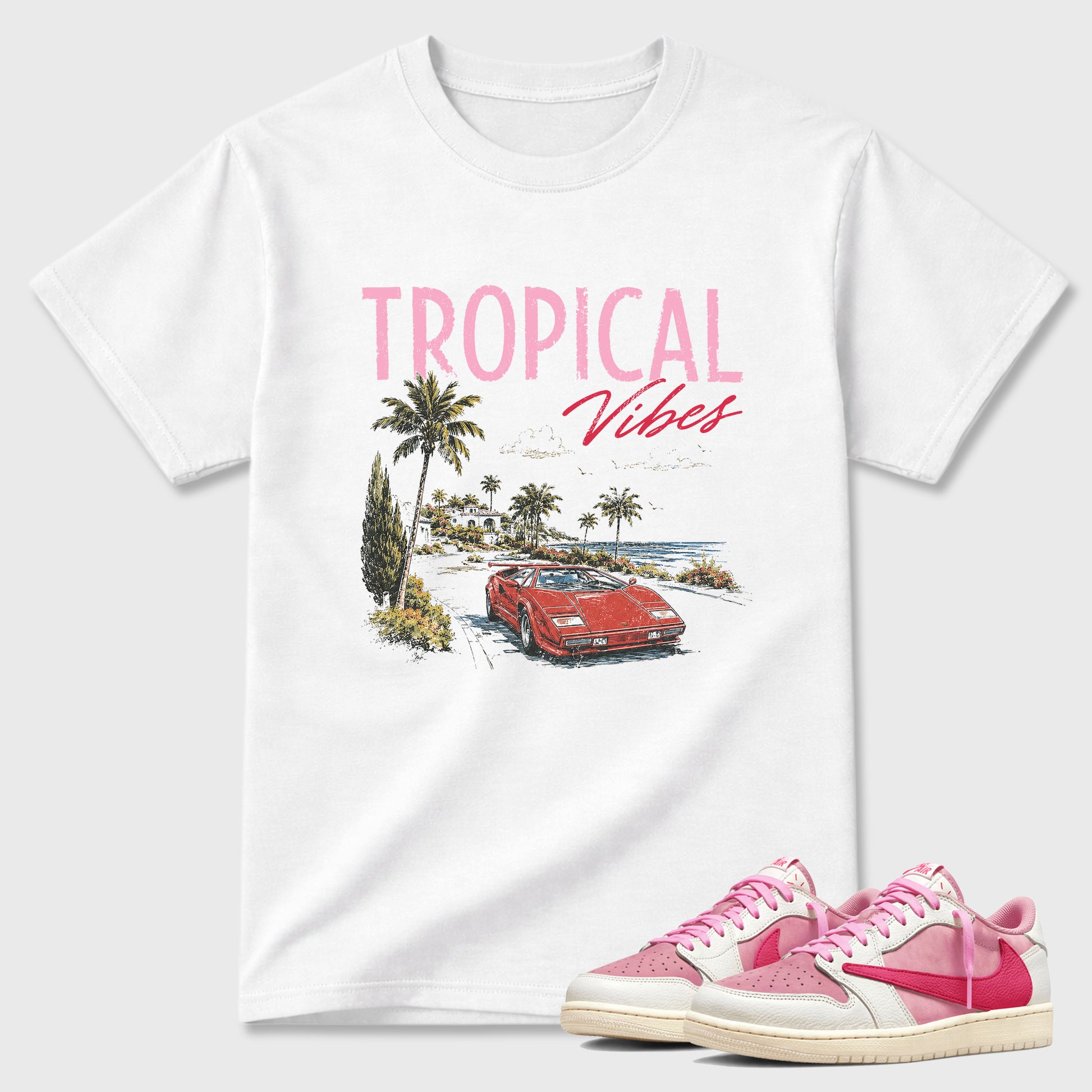 Sneakerfit Streetwear outfit, Sneaker Tees To Match Air Jordan 1 Travis Scott Tropical Pink – Tropical Vibes Graphic Tee White 1