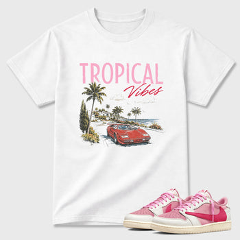 Sneakerfit Streetwear outfit, Sneaker Tees To Match Air Jordan 1 Travis Scott Tropical Pink – Tropical Vibes Graphic Tee White 1