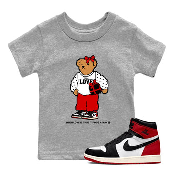 1s Black Toe Reimagined shirts to match jordans  True Love Bear shirts to match jordans Air Jordan 1 Retro High OG Black Toe Reimagined match shoes to clothes SNRT Sneaker Tees Youth Baby Heather Grey 1 tee