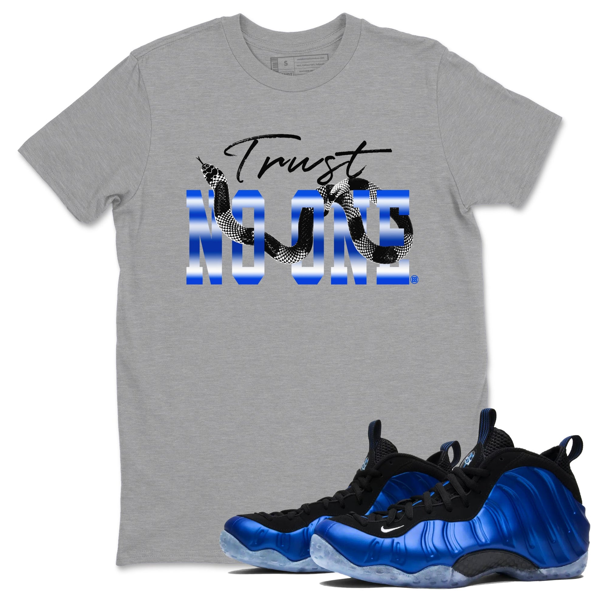 Air Foamposite One Royal shirts to match jordans Trust No One sneaker match tees Air Foamposite One Royal SNRT Sneaker Release Tees unisex cotton Heather Grey 1 crew neck shirts