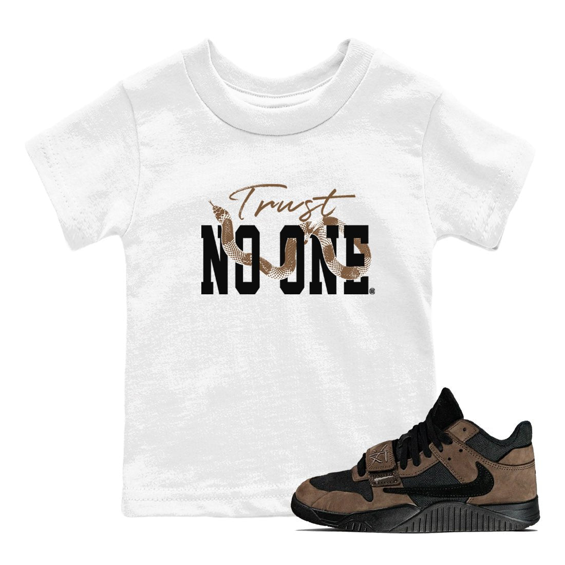 Jordan Jumpman Jack Travis Scott Dark Mocha shirts to match jordans Trust No One sneaker match tees Jordan Jumpman Jack Travis Scott Dark Mocha SNRT Sneaker Release Tees Youth Baby White 1 crew neck shirts
