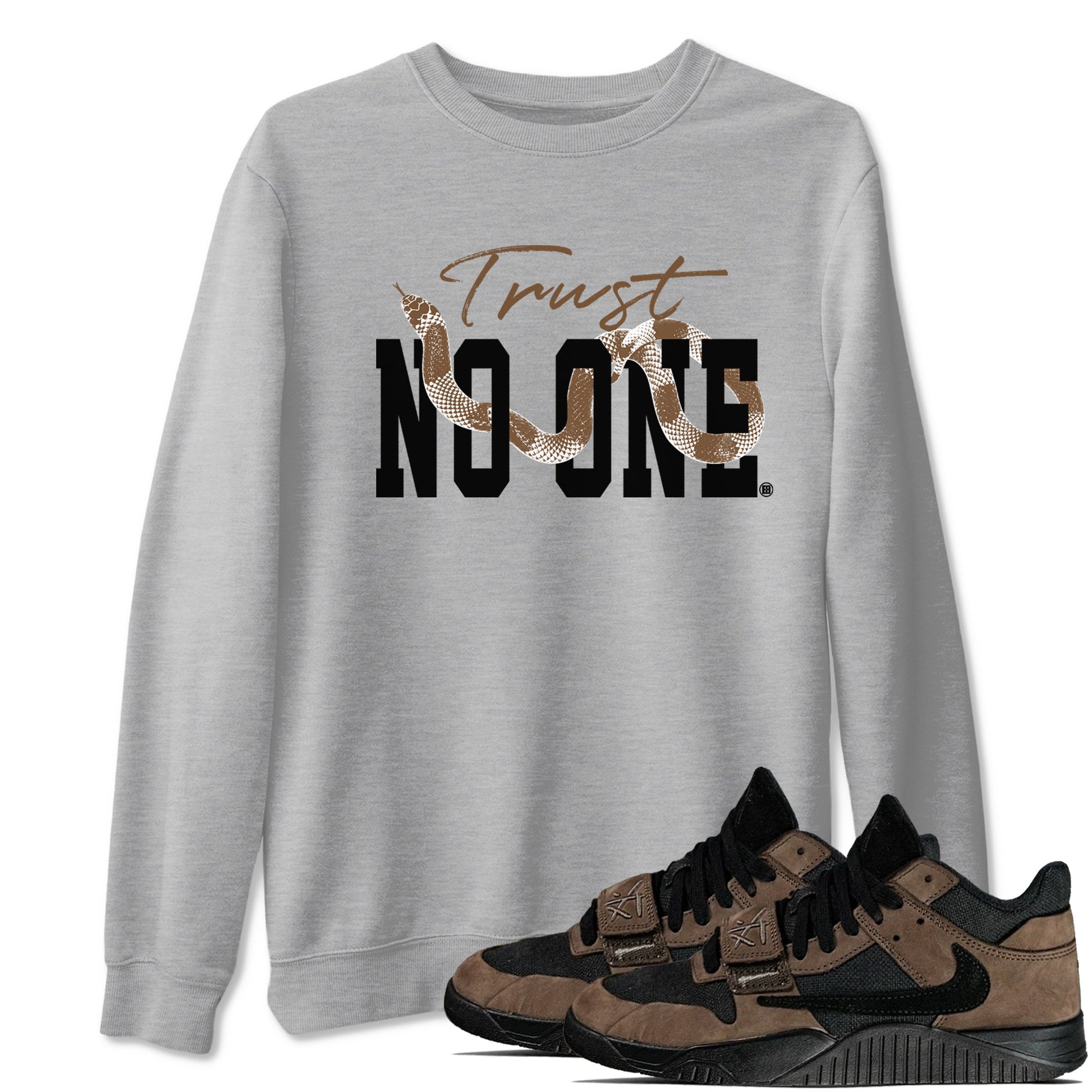 Jordan Jumpman Jack Travis Scott Dark Mocha shirts to match jordans Trust No One sneaker match tees Jordan Jumpman Jack Travis Scott Dark Mocha SNRT Sneaker Release Tees unisex cotton Heather Grey 1 crew neck shirts