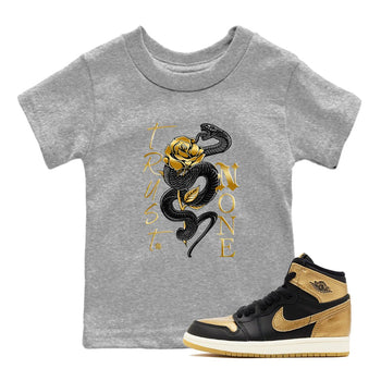 Air Jordan 1 High OG Black Metallic Gold shirts to match jordans Trust None sneaker match tees Jordan 1 Black Metallic Gold SNRT Sneaker Tees streetwear brand Baby and Youth Heather Grey 1 cotton tee