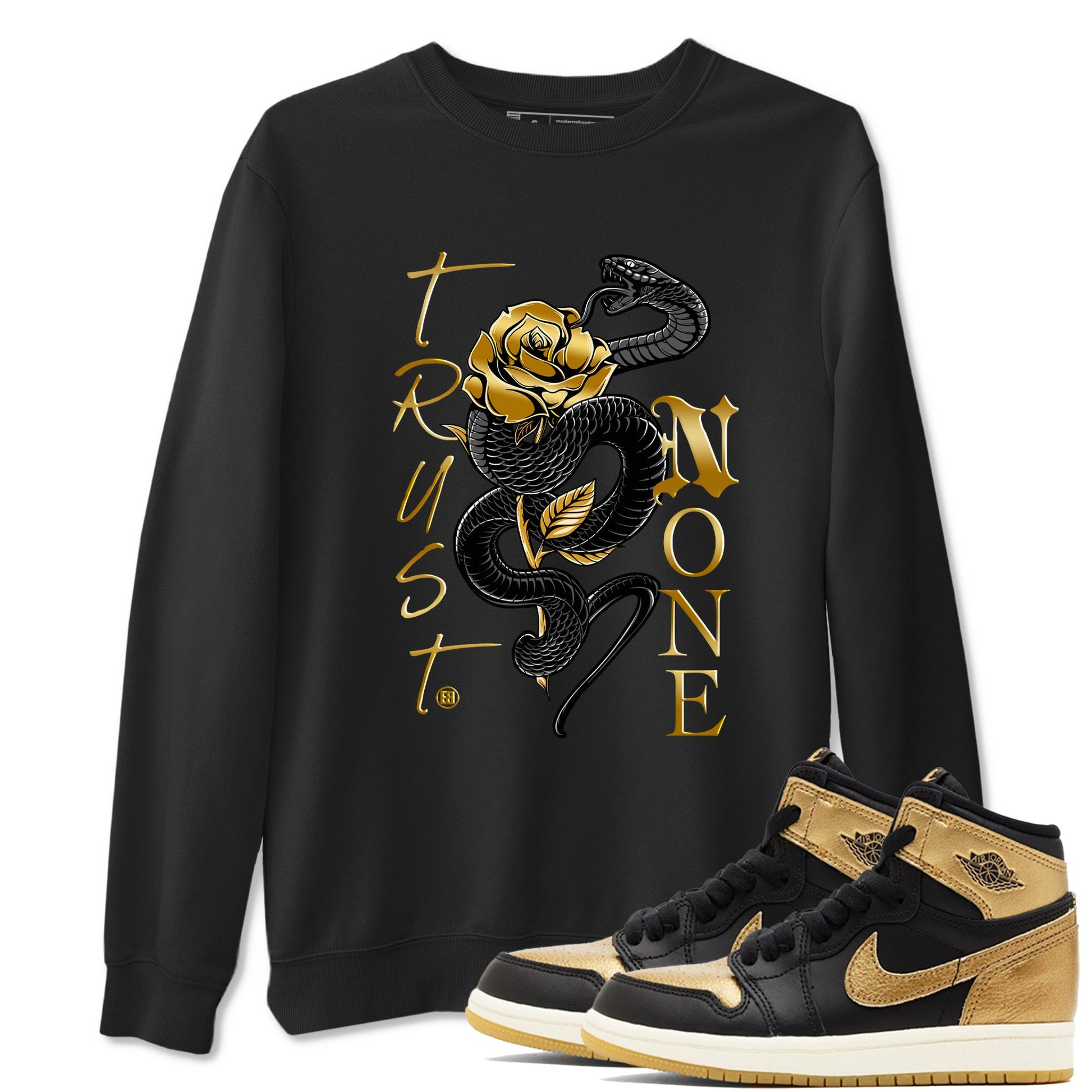 Air Jordan 1 High OG Black Metallic Gold shirts to match jordans Trust None sneaker match tees Jordan 1 Black Metallic Gold SNRT Sneaker Tees streetwear brand Black 1 unisex cotton tee