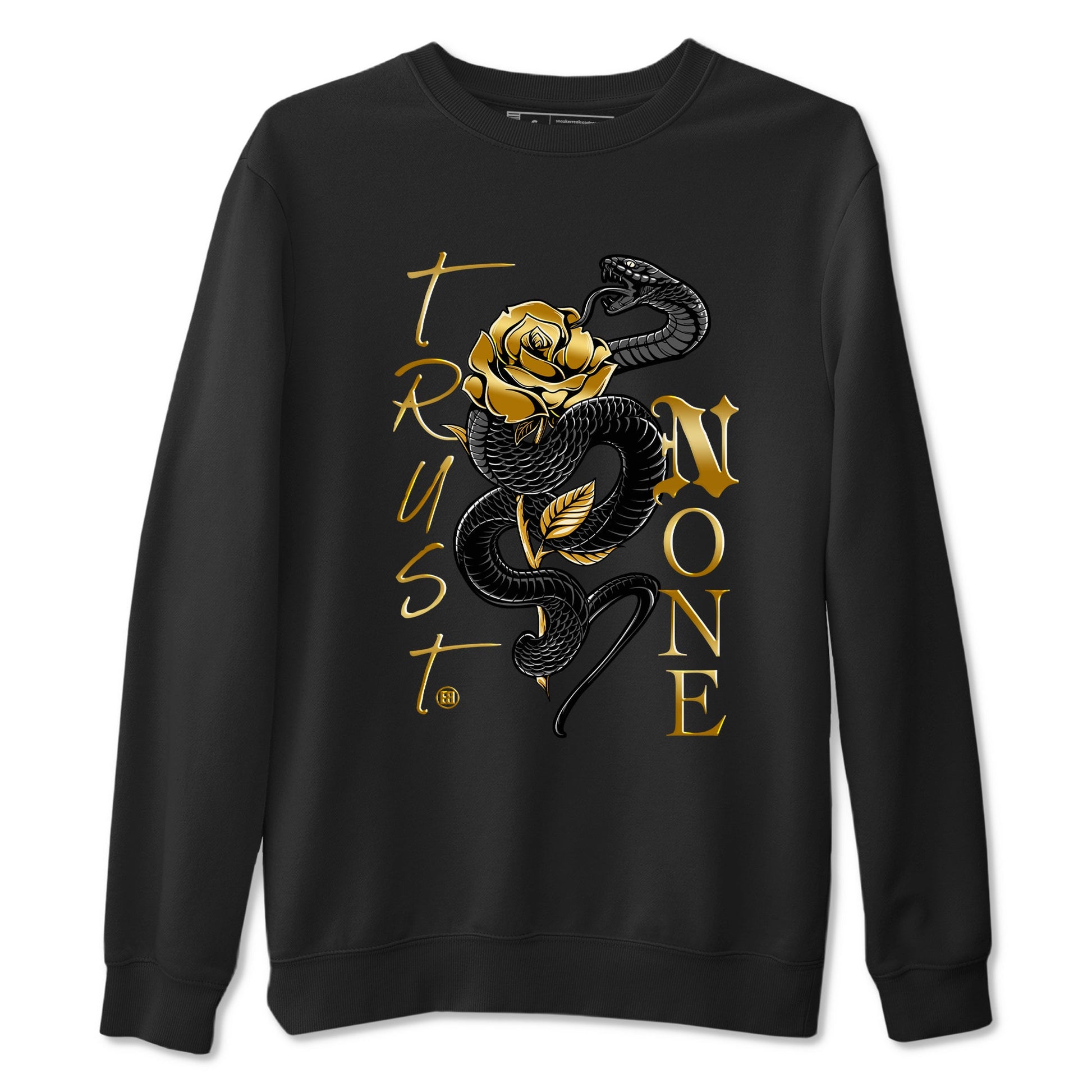 Air Jordan 1 High OG Black Metallic Gold shirts to match jordans Trust None sneaker match tees Jordan 1 Black Metallic Gold SNRT Sneaker Tees streetwear brand Black 2 unisex cotton tee