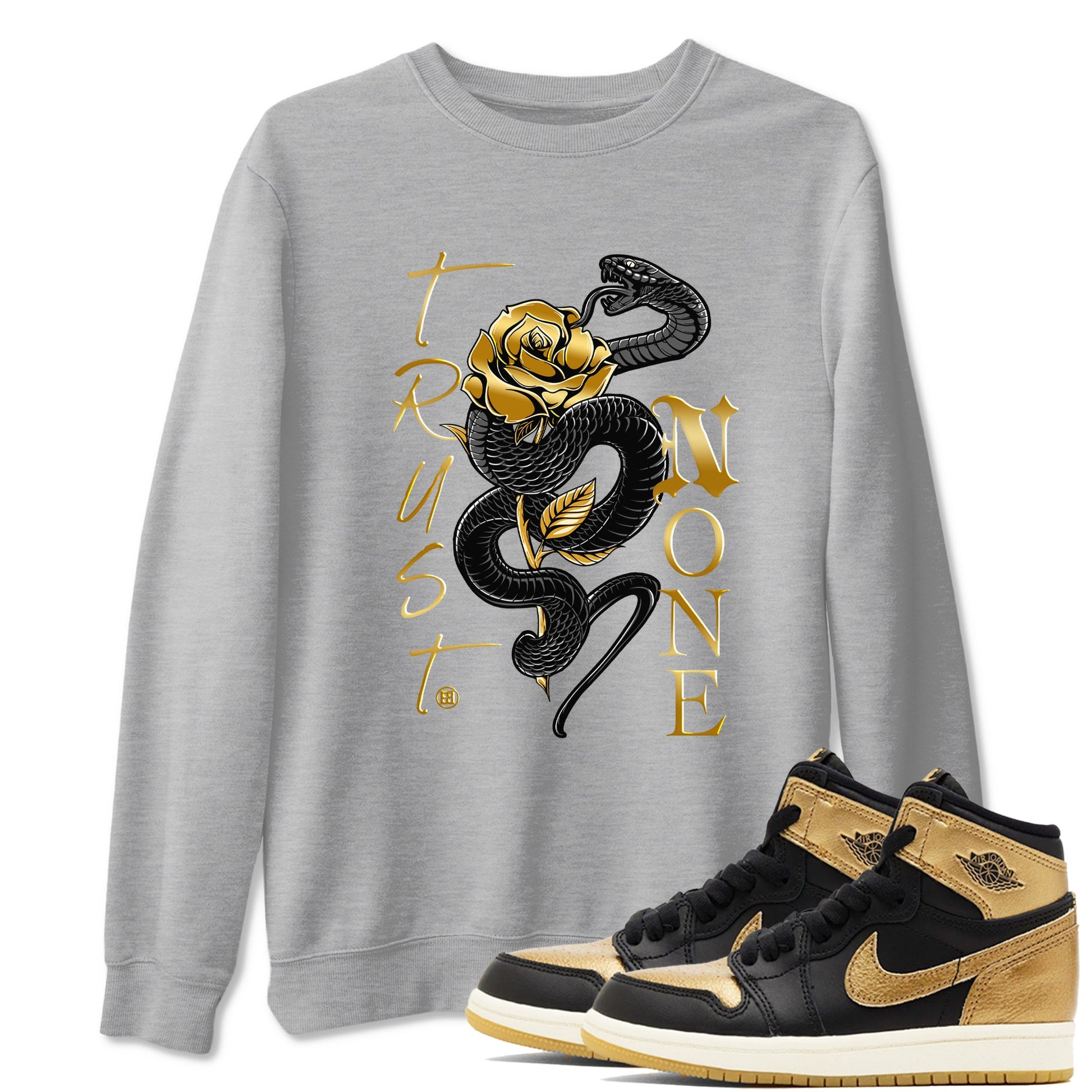 Air Jordan 1 High OG Black Metallic Gold shirts to match jordans Trust None sneaker match tees Jordan 1 Black Metallic Gold SNRT Sneaker Tees streetwear brand Heather Grey 1 unisex cotton tee