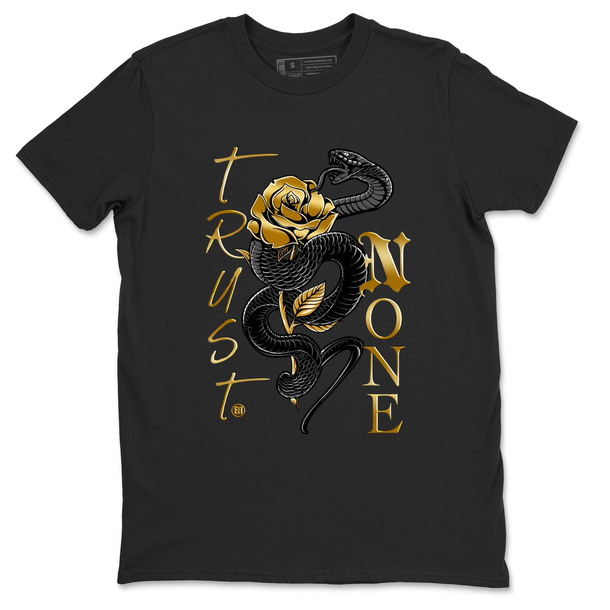 Air Jordan 1 High OG Black Metallic Gold shirts to match jordans Trust None sneaker match tees Jordan 1 Black Metallic Gold SNRT Sneaker Tees streetwear brand Black 2 unisex cotton tee