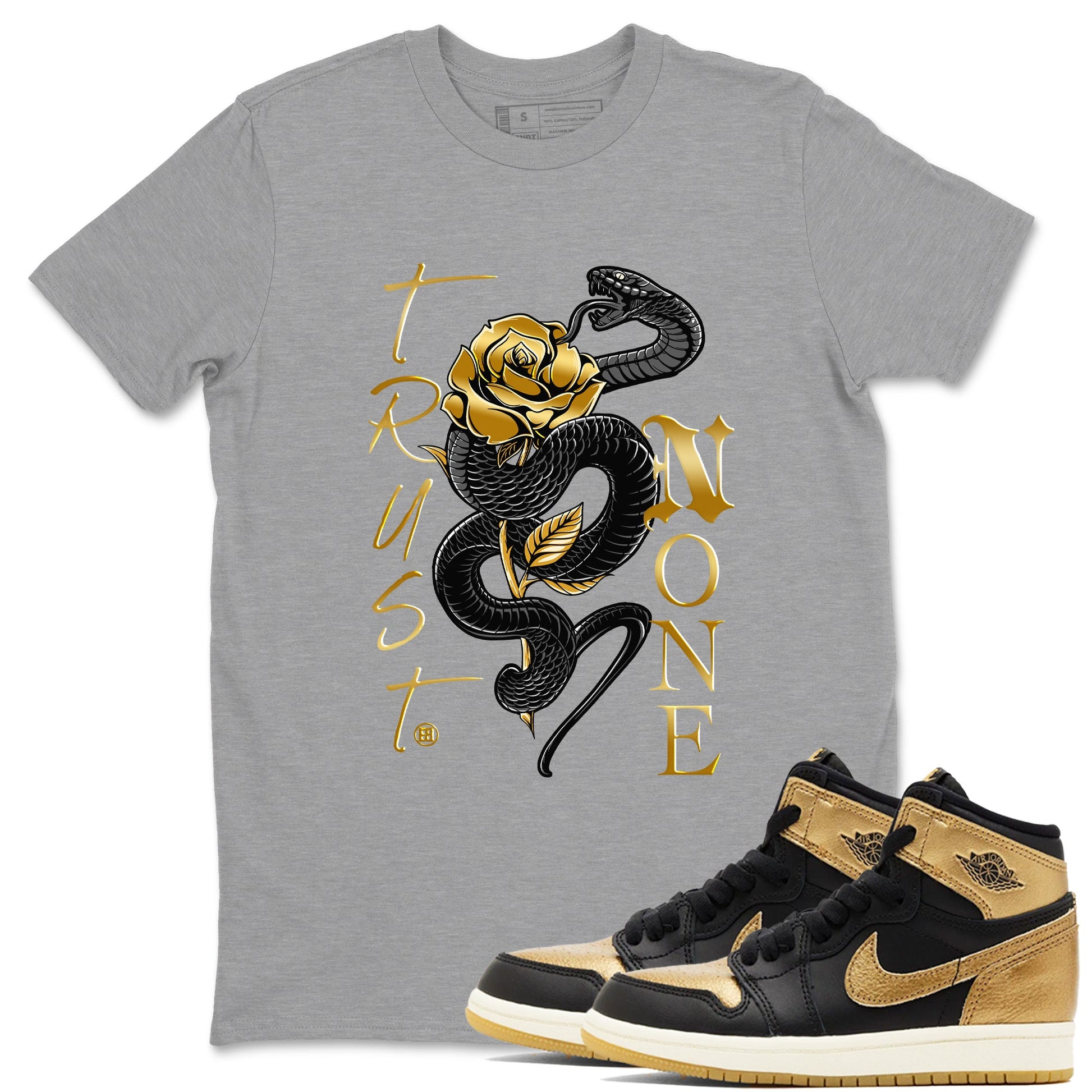 Air Jordan 1 High OG Black Metallic Gold shirts to match jordans Trust None sneaker match tees Jordan 1 Black Metallic Gold SNRT Sneaker Tees streetwear brand Heather Grey 1 unisex cotton tee