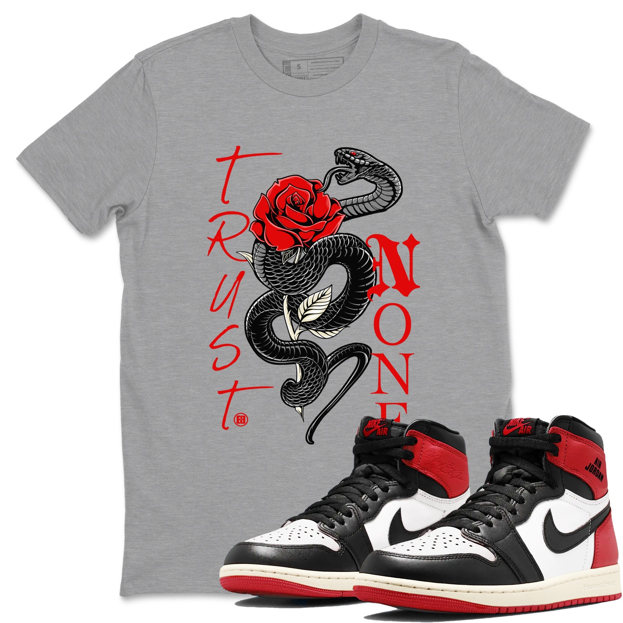 1s Black Toe Reimagined shirts to match jordans Trust None sneaker match tees Air Jordan 1 Black Toe Reimagined SNRT Sneaker Tees streetwear brand Heather Grey 1 unisex cotton tee