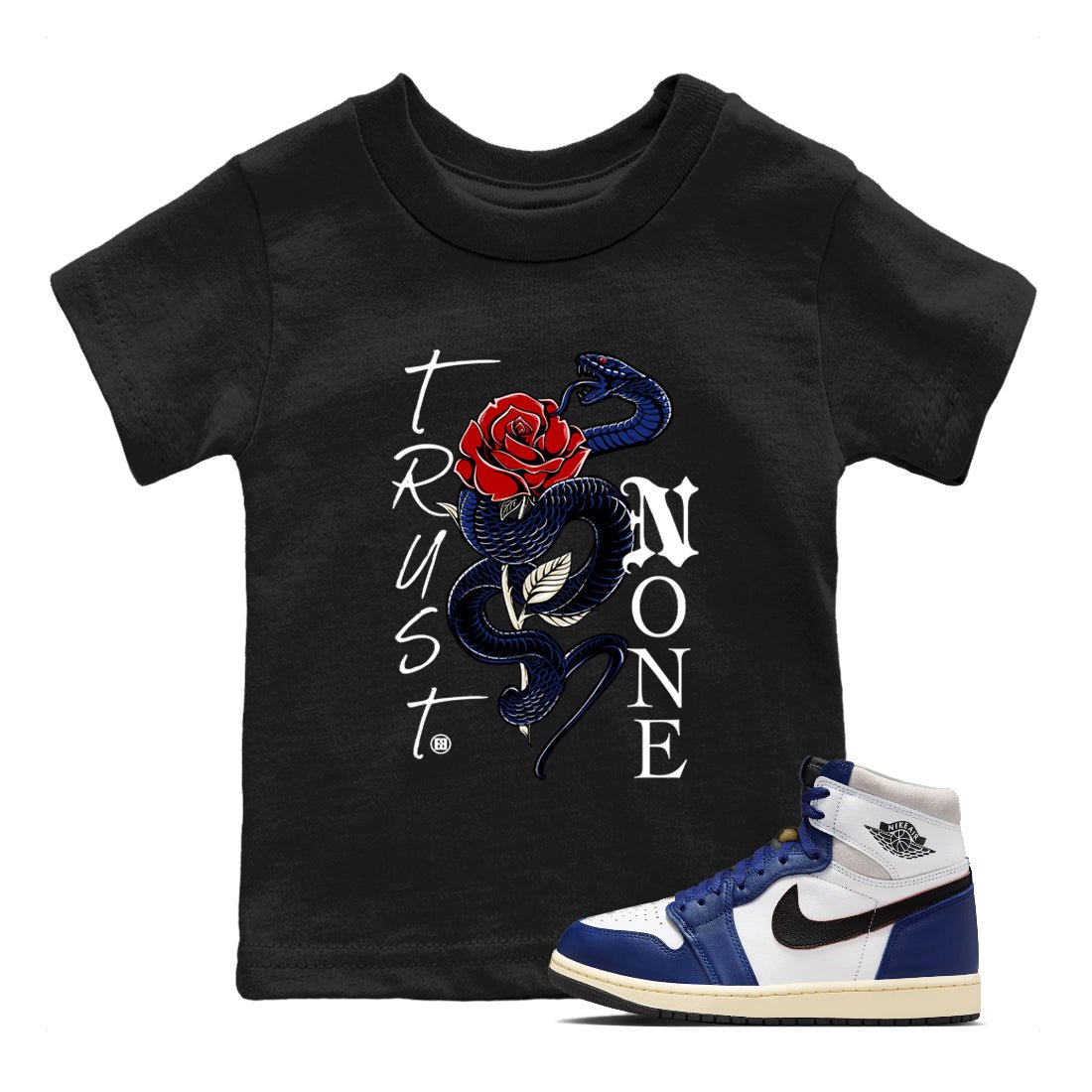 1s Rare Air shirts to match jordans Trust None sneaker match tees Air Jordan 1 High OG Rare Air Deep Royal Blue match shoes to clothes SNRT Sneaker Tees Youth Baby Black 1 tee