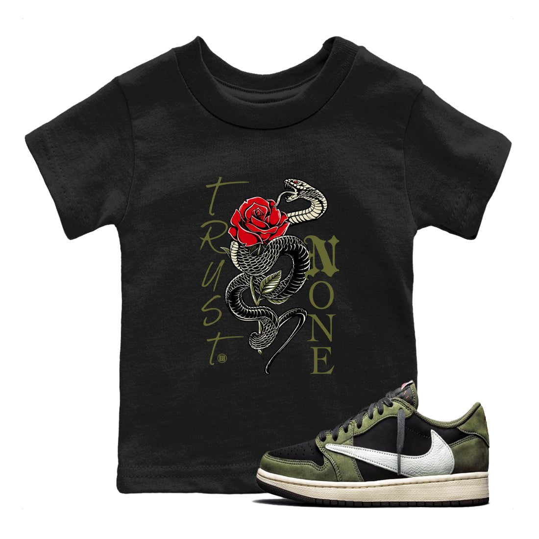 1s Travis Scott Medium Olive shirts to match jordans Trust None sneaker match tees Air Jordan 1 Travis Scott Medium Olive SNRT Sneaker Release Tees Youth Baby Black 1 crew neck shirts