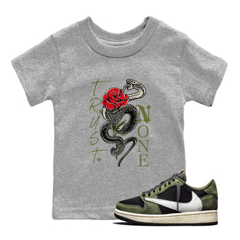 1s Travis Scott Medium Olive shirts to match jordans Trust None sneaker match tees Air Jordan 1 Travis Scott Medium Olive SNRT Sneaker Release Tees Youth Baby Heather Grey 1 crew neck shirts